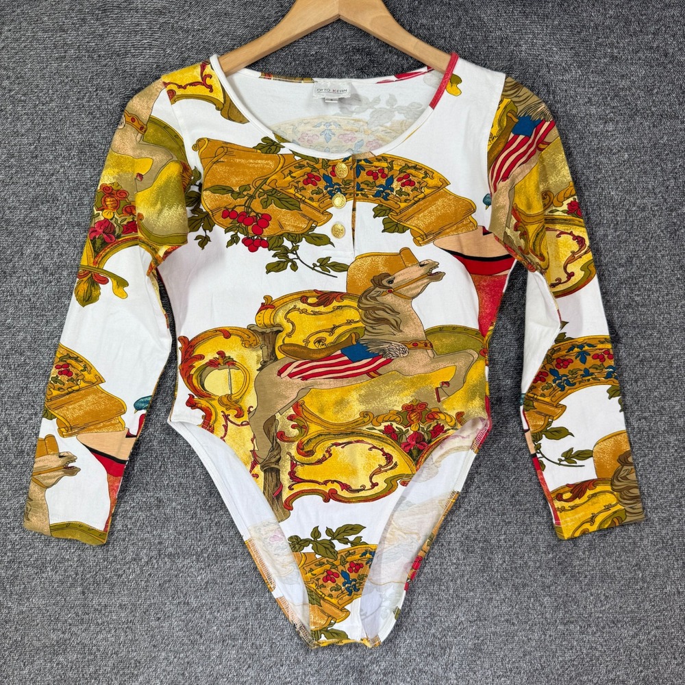 Otto Kern Vintage Carousel Horse Bodysuit Gold Button 4 White Gold Patriotic